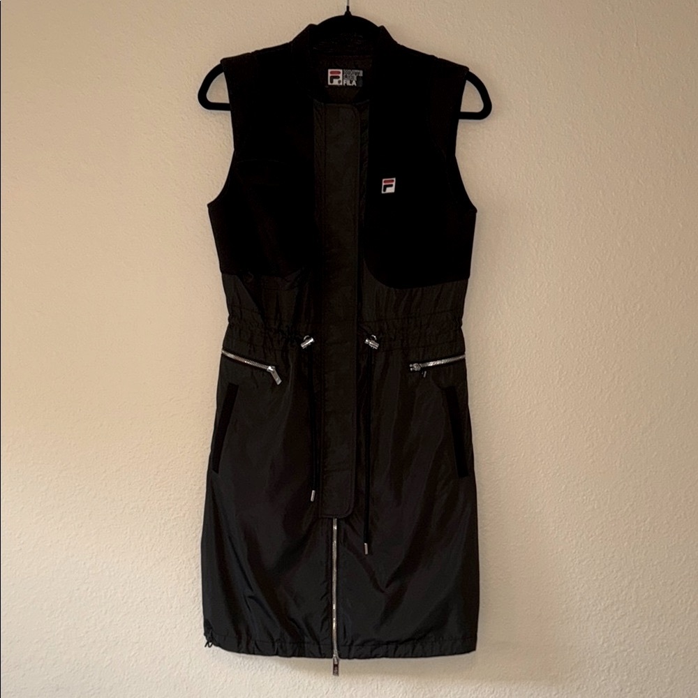 Fila Black Sleeveless Dress with Silver Zipper Accents and Drawstring Waist